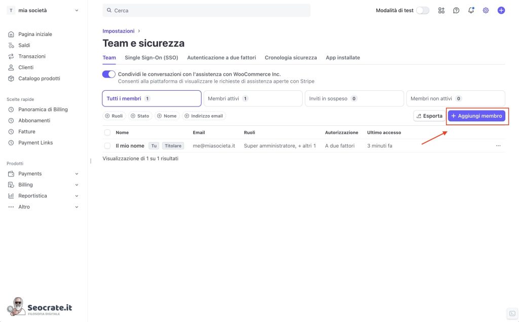 Clicca su “Aggiungi membro del team”