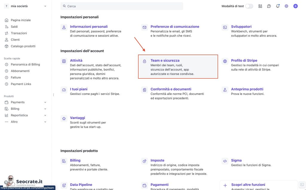 Nella sezione “Business Settings”, clicca su “Team e sicurezza”